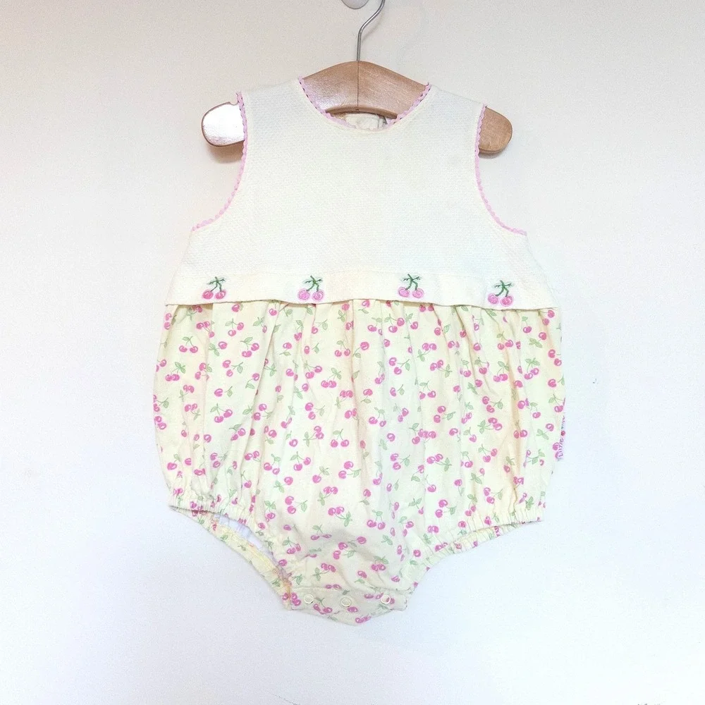 Vintage Little Me Y2K Romper Yellow Pink Cherry Print Embroidered Baby 24 Months
